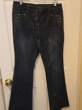 INC International Concepts Dark Wash Flare Jeans with Button Pocket Detail
